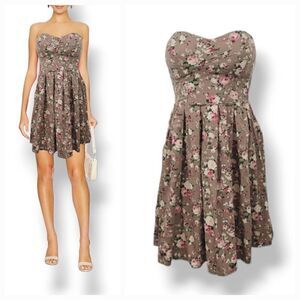 Vintage Y2K Rue 21 Taupe Floral Smocked Sweetheart Strapless Cottage Dress